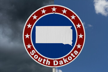 South Dakota map with stars on a US red, white and blue road sign © Karen Roach
