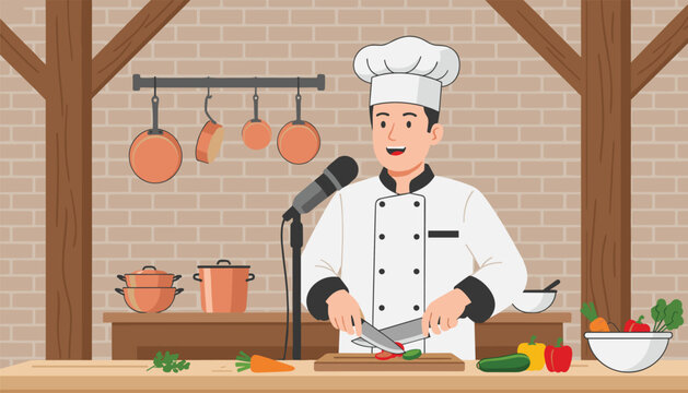 Professional chef wearing a white uniform prepares fresh vegetables for a cooking demonstration show in a rustic kitchen setting.