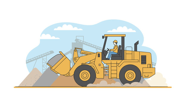 Heavy machinery operator in a yellow hard hat drives a front end loader to move gravel piles at a large industrial mining or quarrying work site.