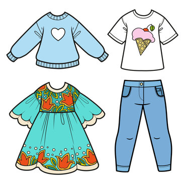 Casual long sleeve, summer dress with flowers, jeans and T-shirt with ice cream print on a white background