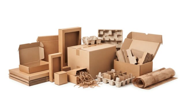 Assorted Sustainable Cardboard Packaging Materials and Recycled Paper Containers for Eco-Friendly Shipping and Logistics Solutions