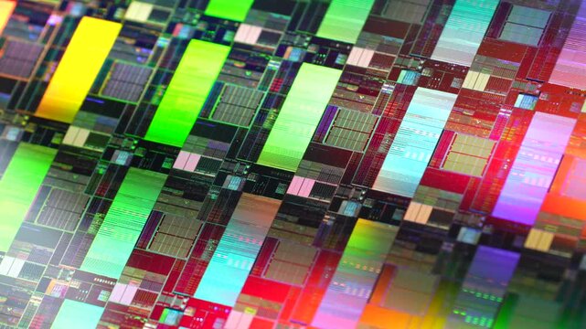 High-tech Macro Photography of a Colorful Silicon Wafer with Microchip Patterns for AI Hardware and Semiconductor Industry Concept.