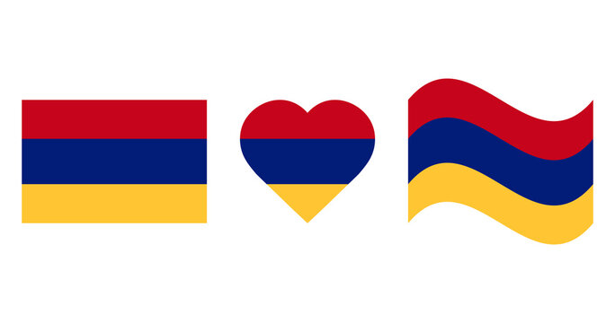 Armenia national flag collection featuring rectangular, heart and waving banner shapes with red, blue and orange horizontal stripes, flat vector illustration isolated on white background