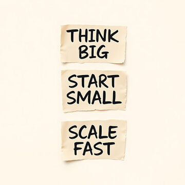 Motivational business quotes written on three separate pieces of torn beige paper