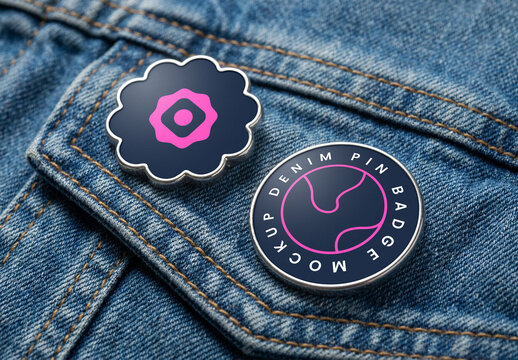 Metal Pin Badge Mockup on Denim Fabric