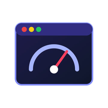 Blue browser window with speed gauge for performance testing.