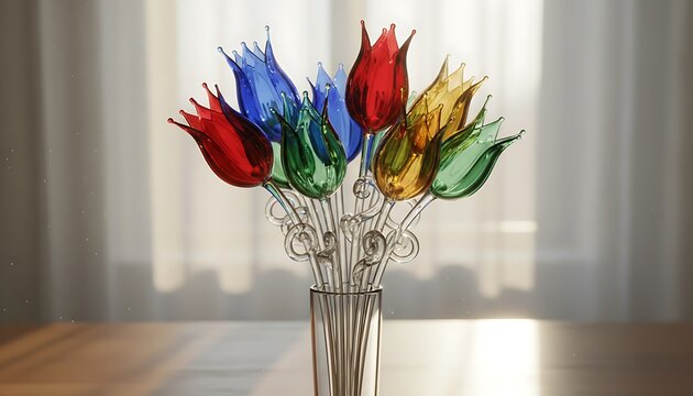 Colorful feather bouquet in a clear vase