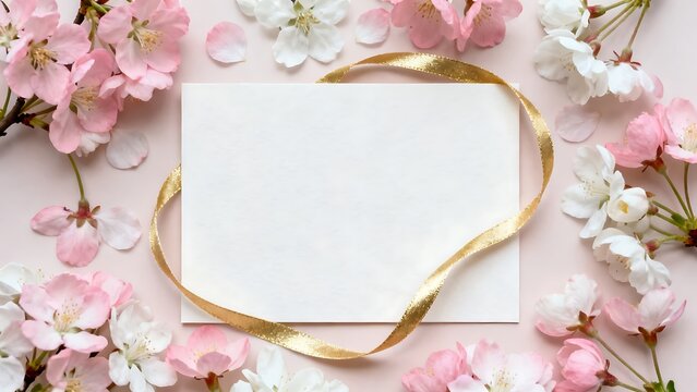 Gold heart shape with pink cherry blossoms background