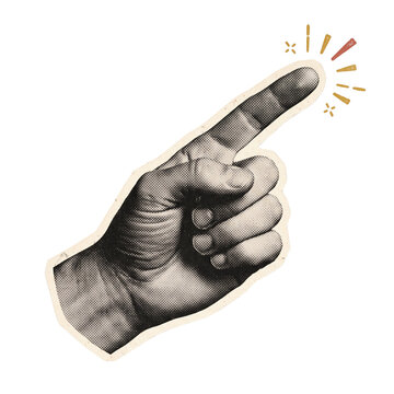 Retro halftone pointing hand sticker with red and yellow energy lines perfect for vintage punk poster style decorations
