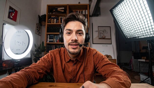 Man with headset and ring light filming content