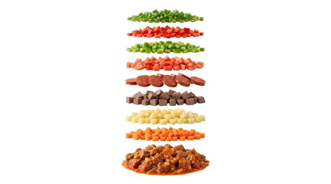 Exploded view of Filipino Pork Menudo ingredients, featuring diced vegetables, sausage, liver, and savory tomato-based pork stew, isolated on white