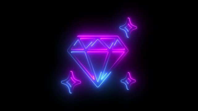 Glowing neon diamond sign with sparkling light effects isolated on a black background