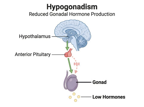 Hypogonadism Medical Infographic Showing Hypothalamus Anterior Pituitary Gonad Pathway and Low Hormones Isolated on White
