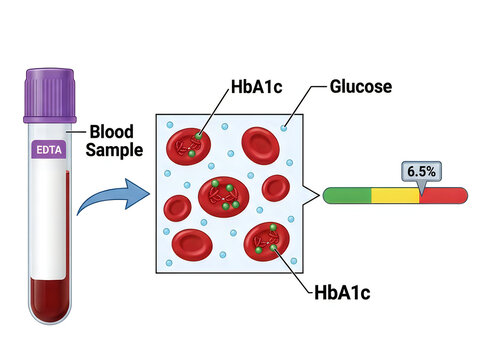 HbA1c Blood Test Medical Infographic Showing EDTA Tube Glycated Hemoglobin Glucose Level and 6.5 Percent Diagnostic Scale Isolated on White