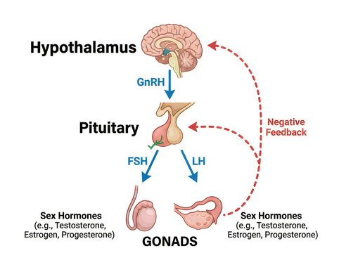 Hypothalamic Pituitary Gonadal Axis Medical Infographic Showing HPG Negative Feedback Loop GnRH FSH LH and Sex Hormones Isolated on White