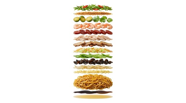 Floating Ingredients of Filipino Pancit Canton Noodles with Shrimp, Pork, Sausage and Vegetables Isolated on White Background for Food Design