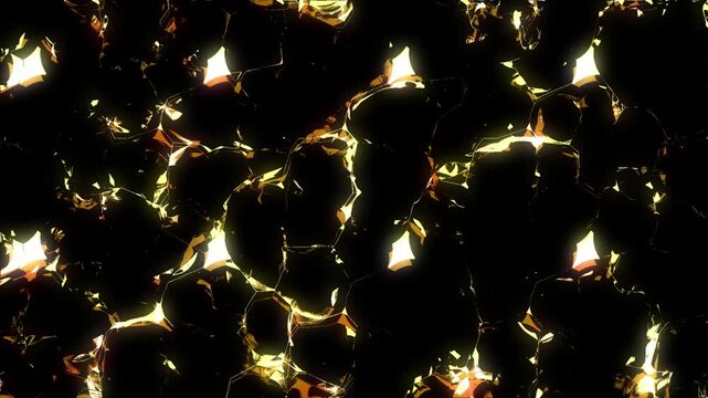 An abstract animation featuring shimmering golden‑orange fragments that form irregular glowing rings against a dark background.