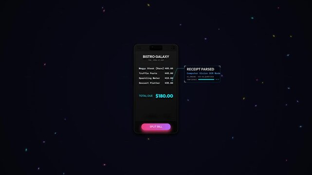 Mobile app UI animation demonstrating a split bill feature with receipt OCR parsing contact network matching and ecosystem synchronization