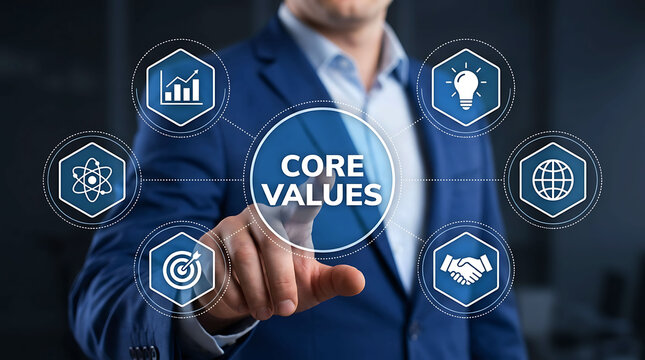 Businessman touching a virtual screen with core values concept icon for success