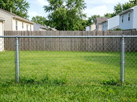 日中の郊外住宅地で庭を隔てる金網フェンスと緑の芝生