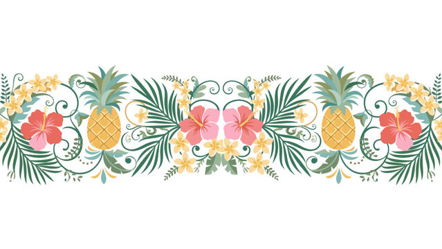 Tropical Hawaiian Floral Seamless Border with Pineapples