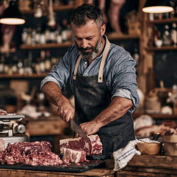 Skilled Butcher Expertly Carving Premium Meat with Precision and Focus in Brightly Lit Shop