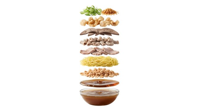 Vertical assembly of Filipino La Paz Batchoy ingredients, featuring pork offal, noodles, chicharon, and savory broth isolated on white background