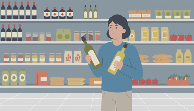 Female customer standing in a supermarket aisle holding two glass bottles while comparing products on store shelves.