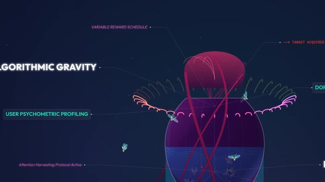 Futuristic animation visualizing social media algorithms, featuring terms like neural hijacking, dopamine feedback loop, and psychometric profiling in a high-tech UI HUD design