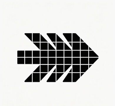 Black pixelated grid right arrow icon isolated on white background, geometric abstract direction symbol for modern web design, navigation interface, digital tech concept, and minimalism vector layout.