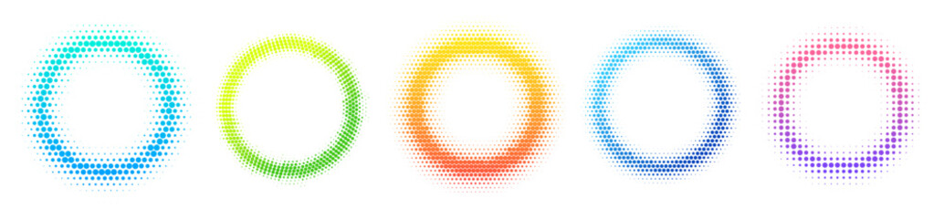 Plakat Halftone circle frame set with colorful gradient dots, vibrant round border vector abstract technology elements