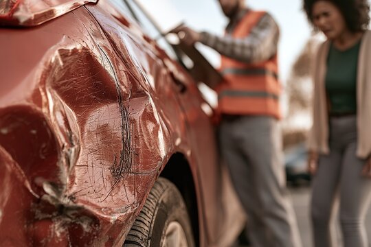 Close-up of a dented red car fender after a collision; a safety-vested inspector and another person are blurred in the background.