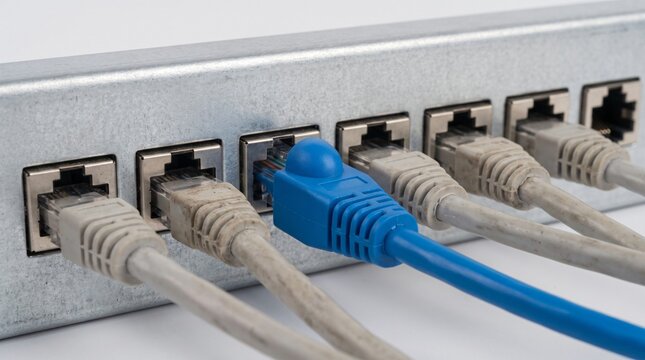 Single Bright Blue Cable Among Grey Leads on a Patch Panel Showing One Change on the Network