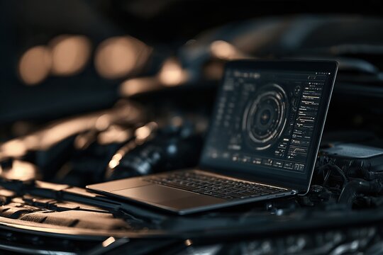 Laptop running diagnostic software on a car engine bay for ECU tuning and performance analysis in a dim workshop.
