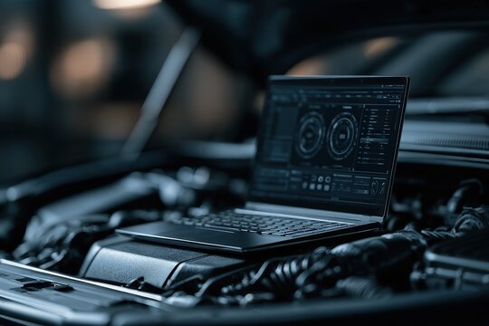 Laptop with diagnostic software resting on a car engine in a dim garage, showing ECU tuning and system monitoring.