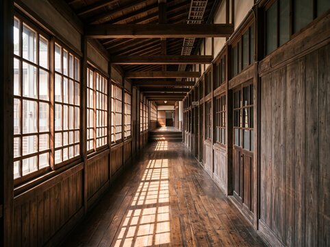 レトロな木造校舎の廊下に光と影が差し込むノスタルジックな風景