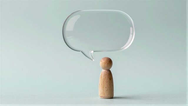 Wooden figure with empty glass speech bubble above, symbolizing silent communication.