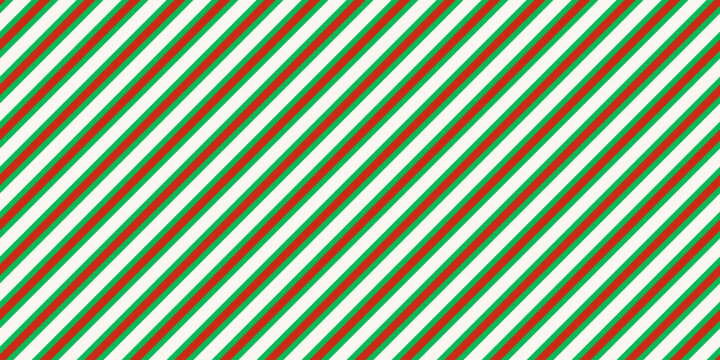 Stripe candy cane seamless pattern with red, green and white diagonal stripes. Design winter stripe for Christmas background, wrapping paper, festive card.