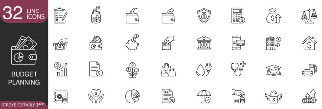 Budget planning and personal finance line icon set featuring wallet, piggy bank, investment, tax, bill, and savings symbols for web UI design.