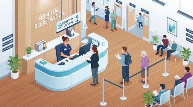 Isometric view of busy hospital registration and check in desk with patients waiting in queue indoor