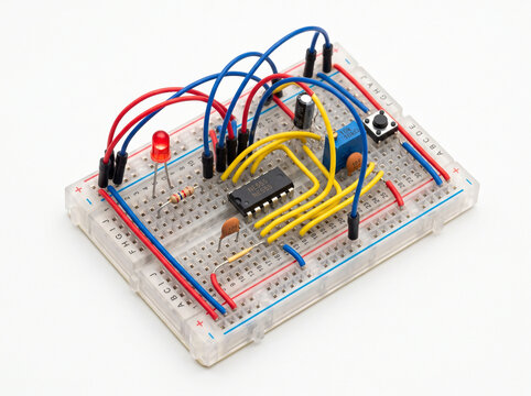 Complex electronic prototype board assembly with multiple wires and active components.