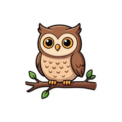 Fototapeta premium Cute cartoon owl perched on a tree branch isolated on white background