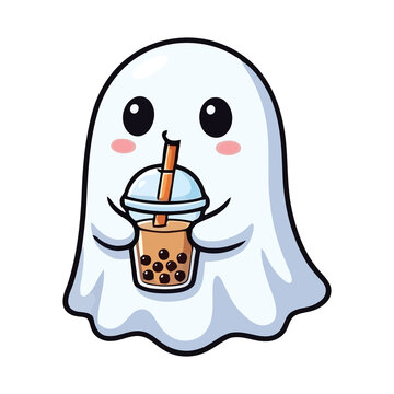 Cute cartoon ghost character drinking bubble tea isolated on white background