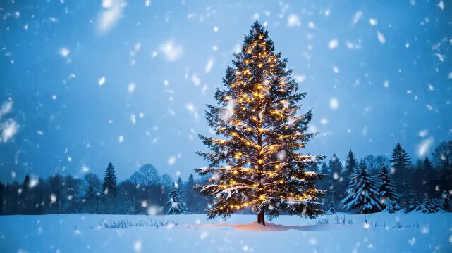 Illuminated christmas tree standing in snowy pine forest during snowfall at night