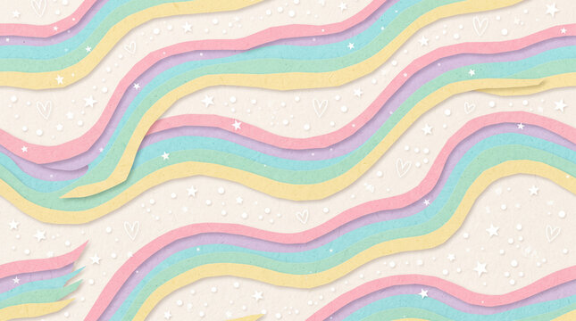 Pastel rainbow wavy paper cut pattern with stars and hearts on a textured background