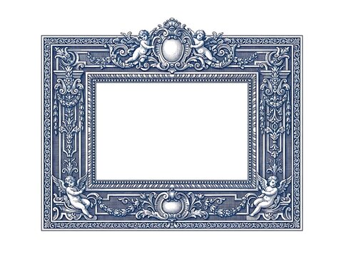Ornate blue rectangular frame with cherubs and scrollwork
