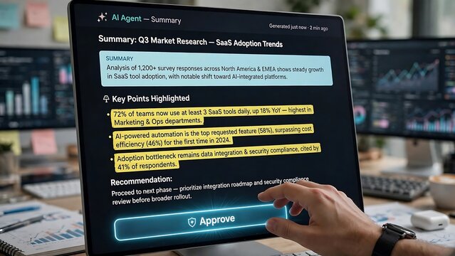 Human in the loop: A hand reviews an AI-generated business report on SaaS adoption, preparing to click the 'Approve' button.
