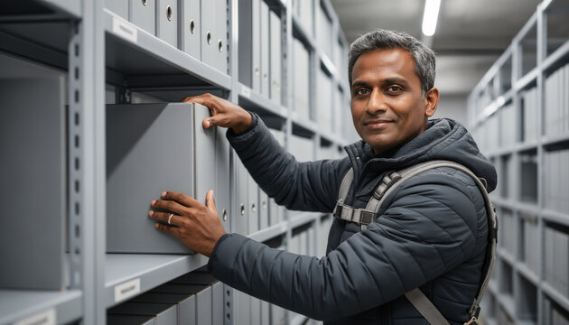 Archive clerk taking document storage box from metal shelving unit in storage room while looking at camera under bright indoor lighting with copy space