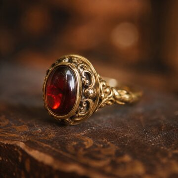 Antique gold ring with deep red oval gemstone set in intricate filigree design, vintage jewelry close-up on textured wood background, warm moody lighting for luxury and heritage fashion concept