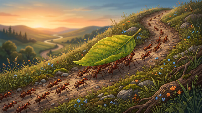 Line of ants carrying a leaf together up a hill, teamwork concept, editorial vector illustration